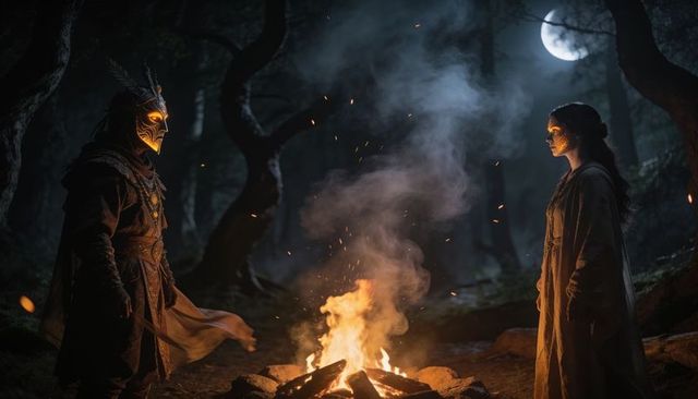 Masked warrior confronting robed mystic across bonfire under moonlit forest