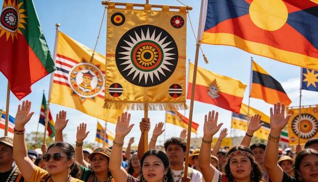 Indigenous unity rally raising gold sunburst banner with colorful tribal flags