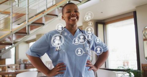 Smiling nurse in blue scrubs with stethoscope promoting telehealth and virtual care