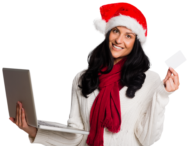 Confident Woman in Santa Hat Holding Laptop and Blank Card on Transparent Background - Download Free Stock Videos Pikwizard.com