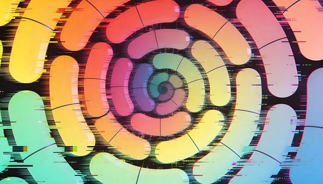 Neon Glitch Concentric Spiral with Rotating Capsule Rings and Digital Gradient Glow