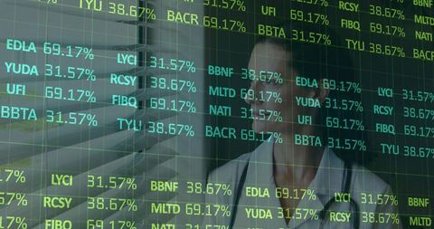 Doctor Monitoring Financial Ticker Overlay on Clinic Glass Display for Medtech Analytics