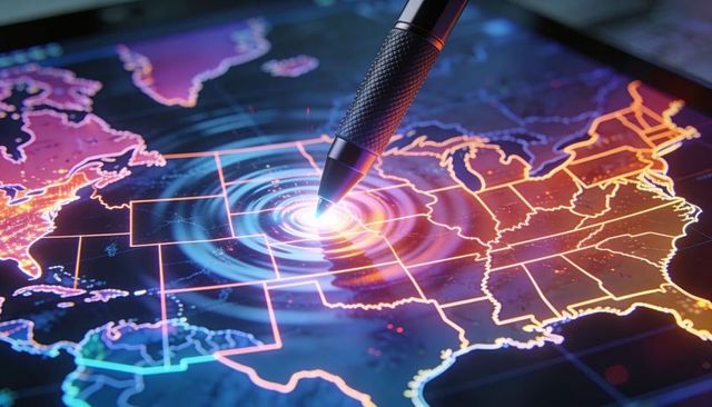 Stylus Marking Digital Map with Neon Ripples over Central US for Security and Geodata