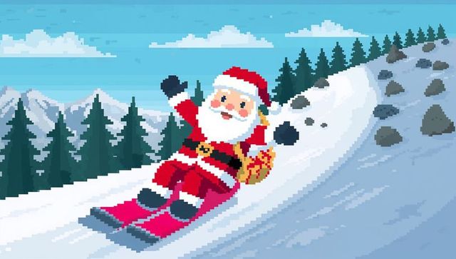 Pixel art santa sledding down mountain on pink sled carrying golden gift sack