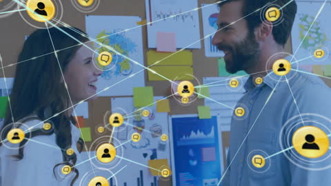 Connected Team Conversing in Modern Office with Social Network Overlay