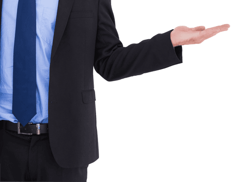 Businessman holding out hand in corporate presentation on transparent background
