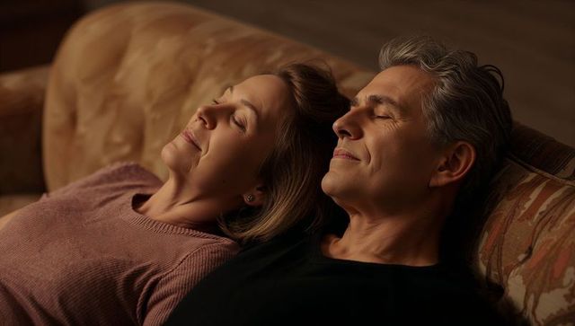 Mature couple reclining on floral sofa, eyes closed, cozy intimate evening moment