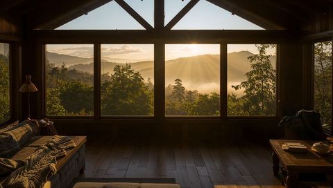 Cozy mountain cabin framing sunrise through panoramic window with misty forest peaks