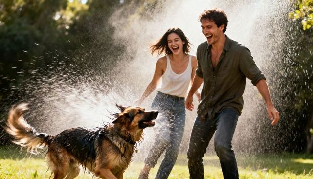Carefree couple laughing with wet dog in sunlit yard playing in sprinkler mist on summer afternoon