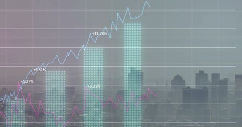 Rising Data Trends in Urban Landscape with Translucent Chart Overlay