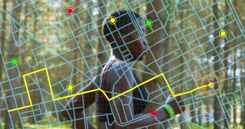 Gps navigation overlay with fit woman running in park setting