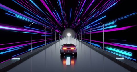 Retro Futuristic Car on Neon-Lit Highway with Vaporwave Aesthetic - Download Free Stock Images Pikwizard.com