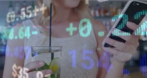 Woman Engaging in Stock Market on Smartphone with Drink