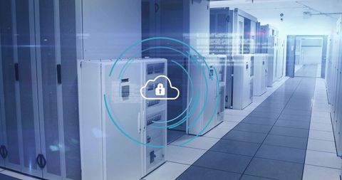 Cybersecurity cloud lock overlay on modern server racks