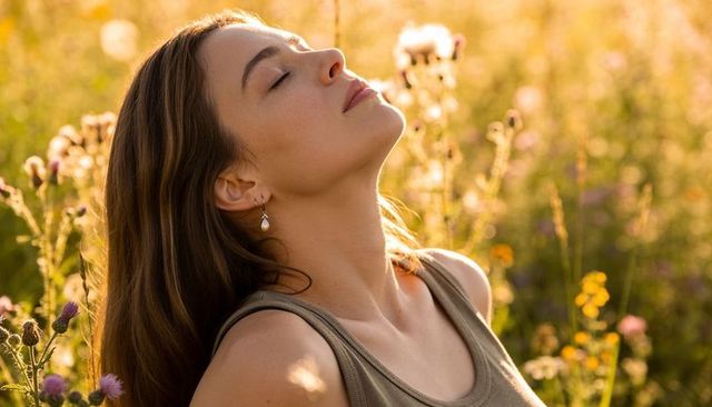 Young woman soaking golden hour sunlight in wildflower meadow, eyes closed, peaceful, calm