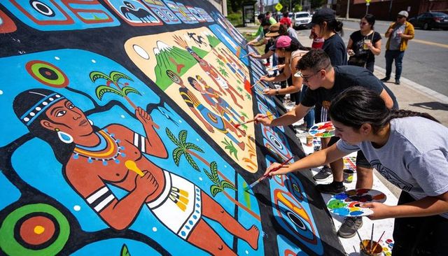 Community artists painting vibrant cultural mural urban street panel, volunteers collaborating