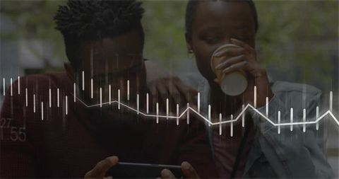 Couple checking smartphone while drinking coffee with financial data graph overlay