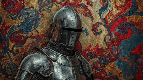 Medieval knight in plate armor against heraldic tapestry