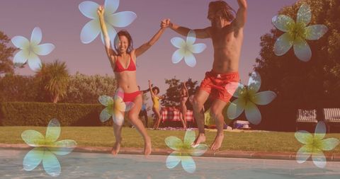 Joyful Friends Jumping Into Pool at Sunset Party