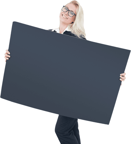 Smiling Businesswoman Holding Blank Blackboard on Transparent Background