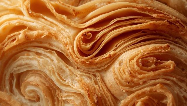 Macro close-up revealing spiral laminated pastry with flaky butter layers and golden crust