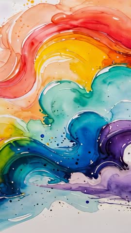 Vertical panning video showing abstract fluid painting with vibrant rainbow swirls and flowing motio