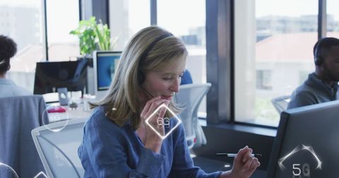 Businesswoman Engaging With 6G Technology via Headset in Modern Office
