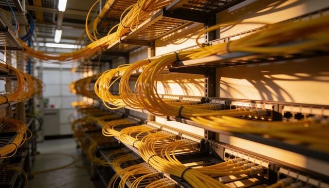Sunlit yellow fiber optic cable loops on patch panels inside data center telecom rack