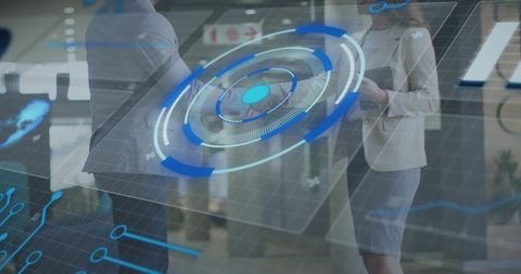 Business Leaders Interacting with Blue Augmented Reality Interface in Modern Office Lobby