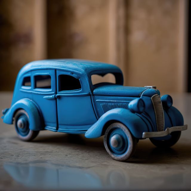 Close up of retro blue car toy on brown background, created using generative ai technology. Car, toy and colour concept digitally generated image.