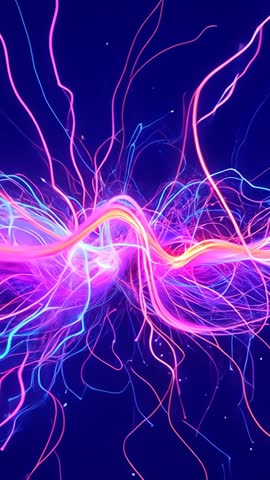 Undulating Neon Ribbon Radiating Energy Strands Pulsing Futuristic Vertical Abstract Loop