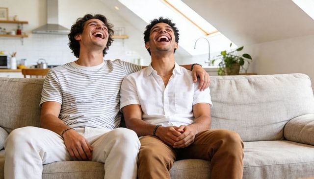 Young couple laughing on beige sofa in modern open-plan living space