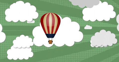 Red and cream hot air balloon rising over layered white clouds on green halftone sky