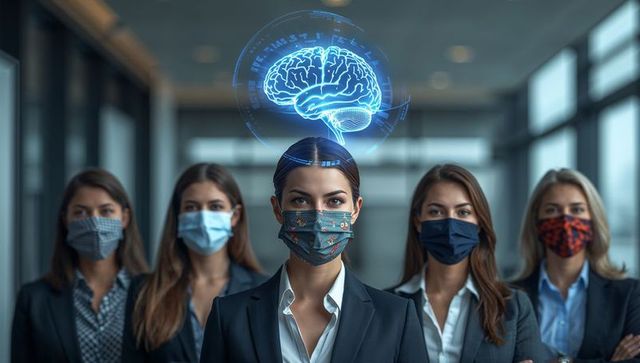 Business team in masks under holographic brain technology in office