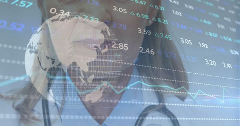 Financial market data overlaid on senior female doctor