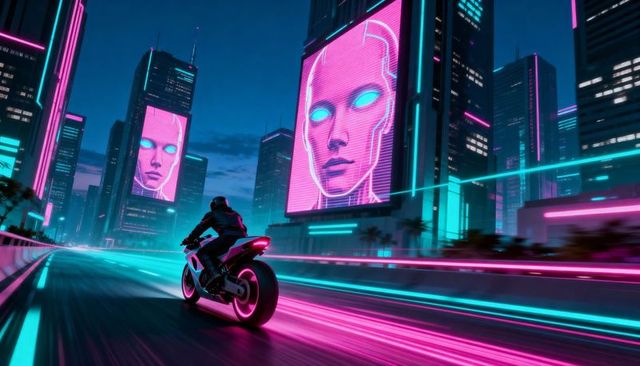Neon cyberpunk motorcyclist racing through futuristic cityscape with giant ai billboard