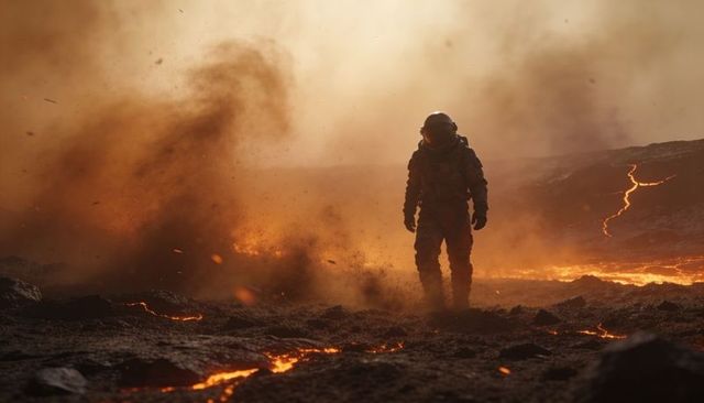 Astronaut walking across molten lava field amid volcanic ash cloud, backlit silhouette