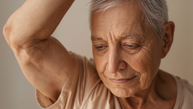 Contemplative senior woman raising arm and lowering gaze close-up portrait of wisdom