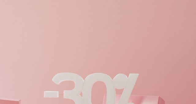 Minus thirty per cent text in white with pink and white gift boxes on pink background. Luxury treat, present, shopping, sale and retail concept digitally generated image.