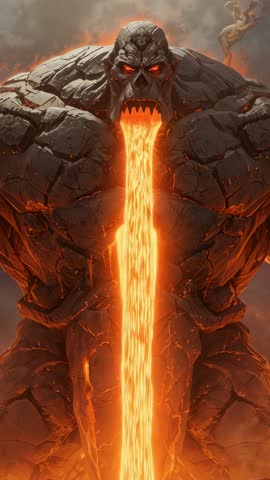 Vertical fantasy video of stone golem streaming lava and pulsing magma veins over volcanic ruins