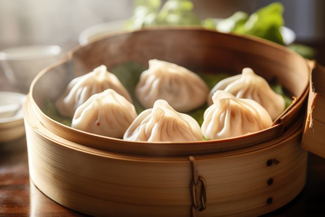 Steaming hot dumplings nestled in a bamboo steamer with greenery in the background. Perfect for illustrating traditional Asian cuisine, culinary blogs, restaurant menus, and food-related articles. Evoking senses of warmth and authenticity, ideal for usage in advertisements promoting Asian restaurants or food products.