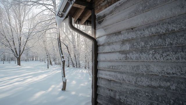 Weathered cabin siding showing curved downspout with icicles and snowy tree landscape