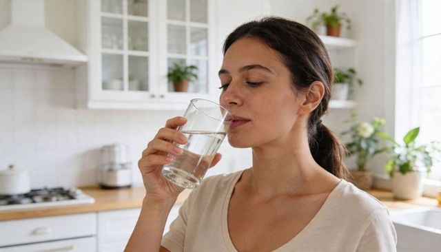 Young woman drinking water in sunlit minimalist kitchen promoting hydration and wellness