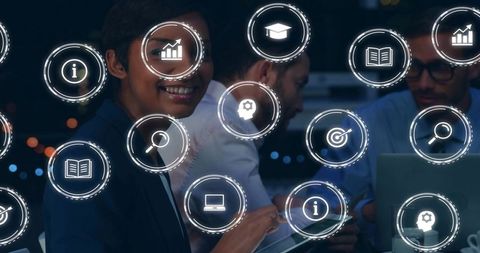 Smiling woman guiding team with AR interface, holographic icons and laptop collaboration