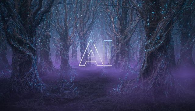 Neon AI Letters Glowing in Bioluminescent Forest Corridor with Purple Fog