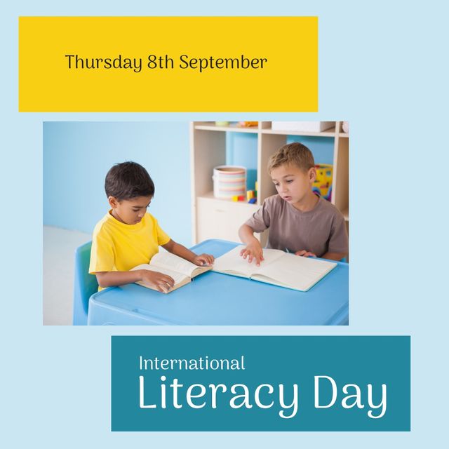 Image depicts two young boys of different ethnic backgrounds reading books together, symbolizing unity and the importance of literacy. Could be used for educational campaigns, school posters, literacy awareness events, children's reading programs or celebrations of International Literacy Day.