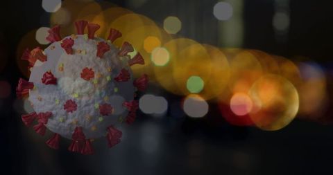3D Coronavirus Cell Against Blurred Urban Night Traffic