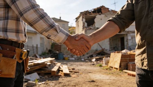 Contractors shaking hands at sunlit demolition site with tool belt and building debris
