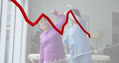 Physical therapy dumbbell exercise with digital health graph overlay recovery trend