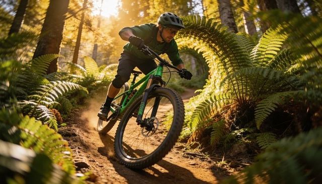 Sunlit forest singletrack: mountain biker carving berm on green full-suspension trail